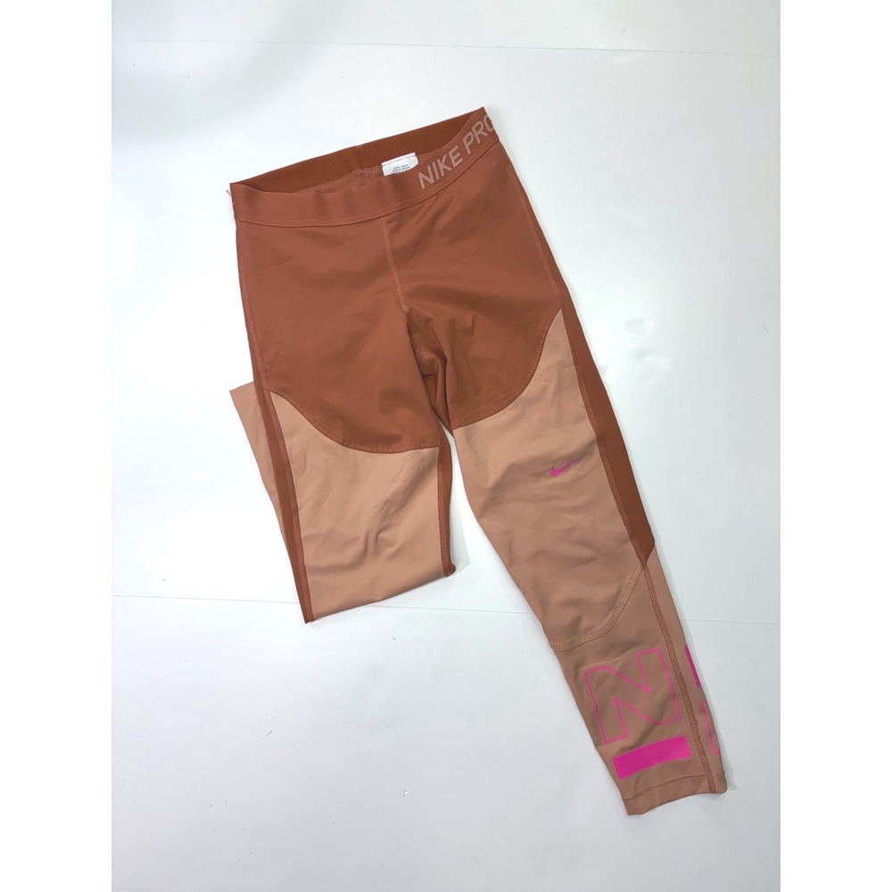 Nike Pro Dri-FIT Leggings Womens Small Rust Tan Pink Colorblock Training Tights